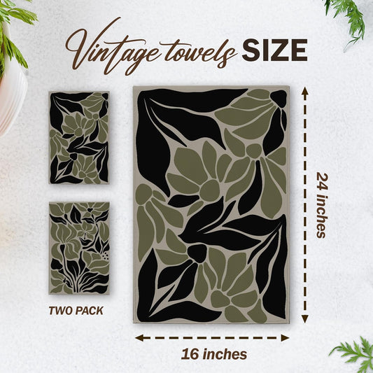 Sage Green Kitchen Towels, Abstract Boho Floral House Hand Towel Set of 2, Retro Gifts for Home Bathroom Holiday Decor - A02