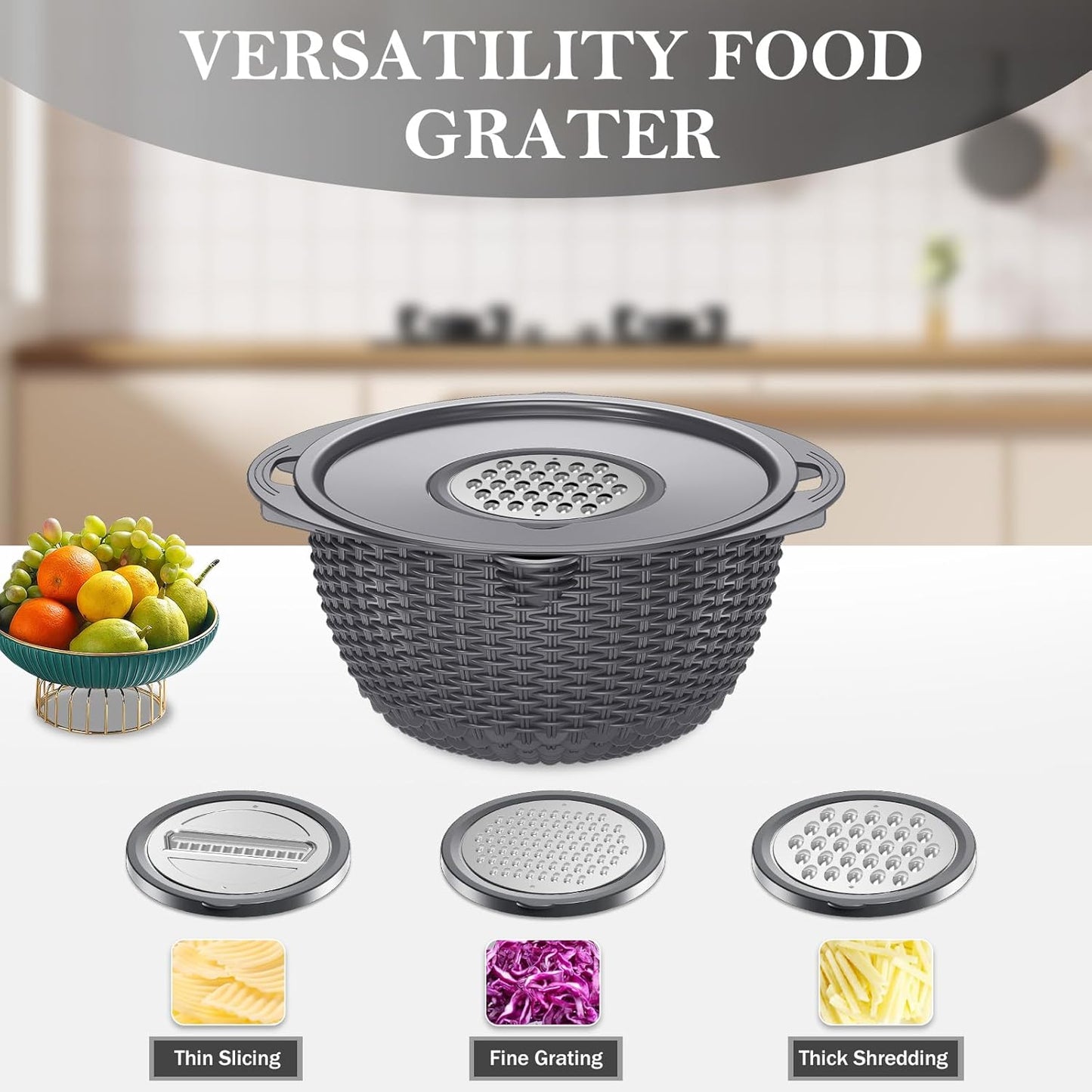4-in-1 Colander with Bowl Set – Food Strainers and Colanders - Stainless Steel Rotatable Strainer for Fruits & Veggies – Pasta Strainer - Kitchen Essentials - Grey