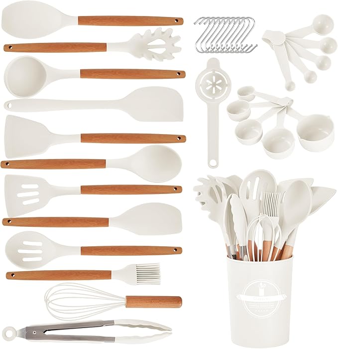 Kitchen Utensils Set - 34 PCS Non-Stick Silicone Cooking Utensils Set with Wooden Handle,Kitchen Gadgets Tools Set for Nonstick Cookware (Cream White-34P)