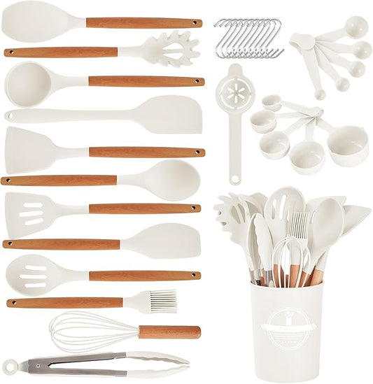 Kitchen Utensils Set - 34 PCS Non-Stick Silicone Cooking Utensils Set with Wooden Handle,Kitchen Gadgets Tools Set for Nonstick Cookware (Cream White-34P)