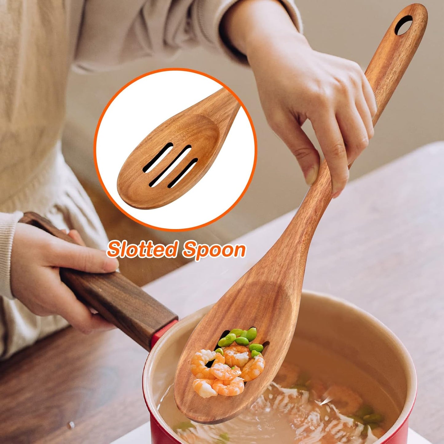 4-Piece 14" Large Acacia Wood Utensils Set for Cooking Spatula Wooden Kitchen Utensil Non Toxic Spoon Slotted Turner Best Long Spatula for Kitchen Use Tools Cooking Utensils Mixing Serving Spoons