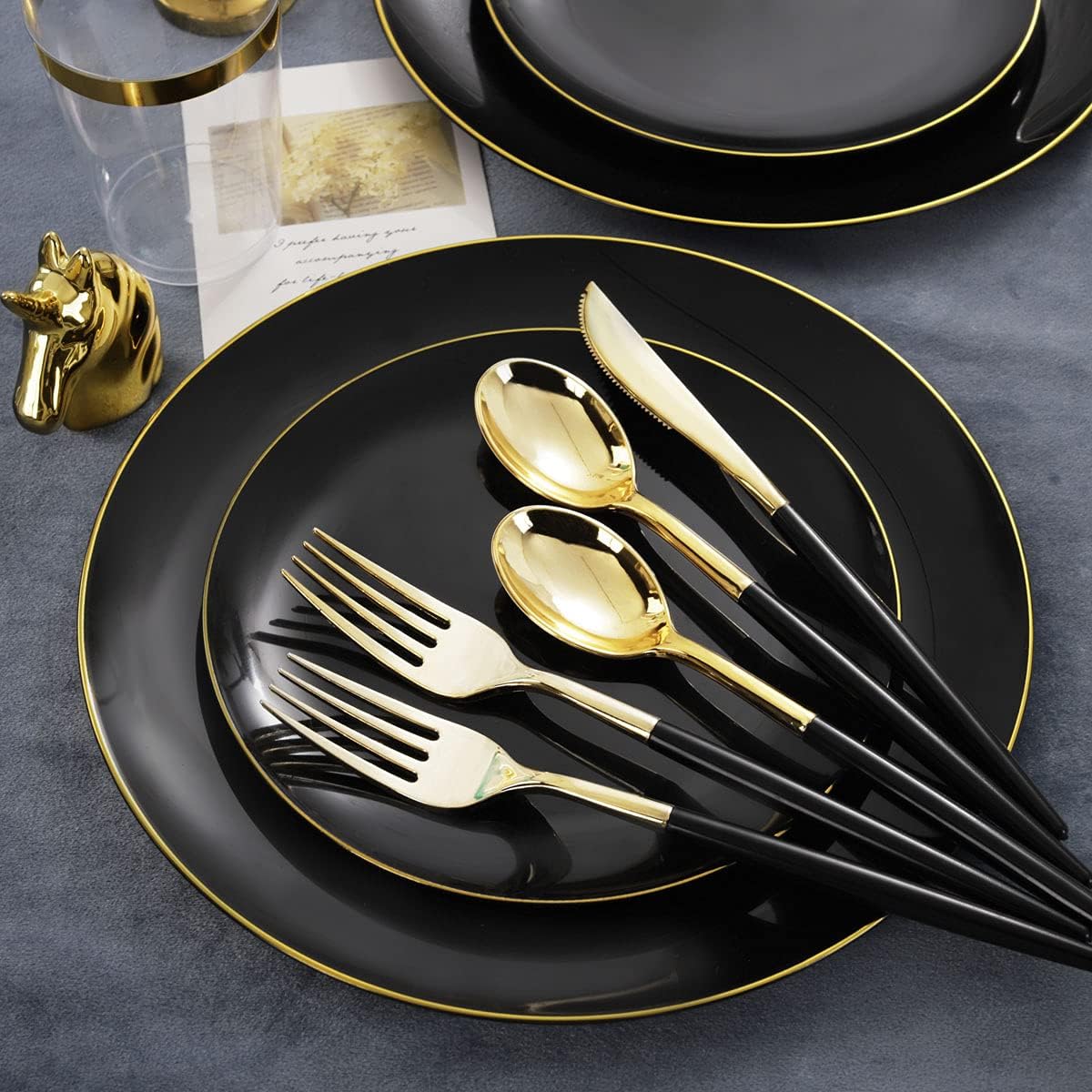 LIYH 180 Pcs Black Plastic Dinnerware Set with Gold Silverware,Halloween Plates, Black Plastic Plates Disposable, Heavyduty Gold Utensils Set for Parties,Halloween Happy New Year 30 Guests
