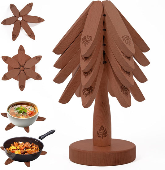 Expandable Wooden Trivets & Coaster Set for Hot Dishes Tree-Shaped Trivet Set – 4 Expanding Trivets + 1 Stand – Heat-Resistant Kitchen Decor for Pots, Bowls, Coffee & Teapots