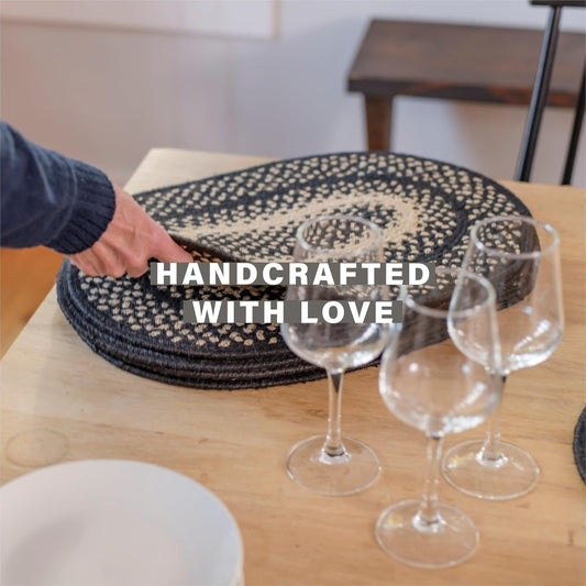 Homespice Manchester Jute Braided Placemats, Country Primitive Decor, Set of 4, Black and Tan 13x19 Oval Table Mats - Vibrant Colors, Durable, Easy to Clean and Protects Furniture