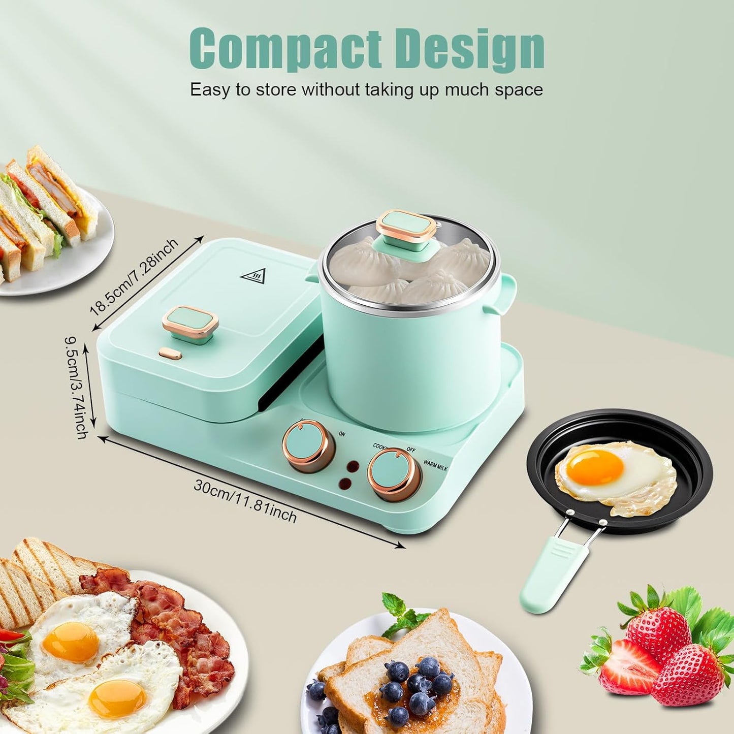 Green 3-in-1 Breakfast Station – Includes Non-Stick Griddle, Waffle Press & 1.2L Soup Pot – Dual Zone Cooking, 1050W Electric Breakfast Maker with Temperature Control
