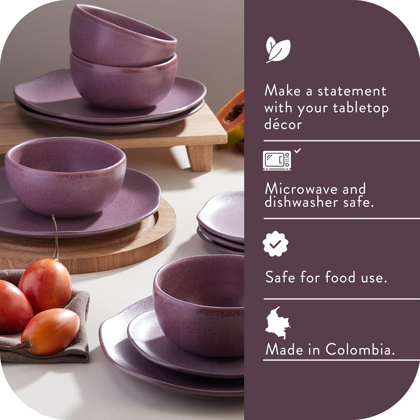 Corona Dinnerware Set 12–piece, Plates and Bowls Set, Ceramic Sets for 4, Microwave and Dishwasher Safe, Gulupa Reactive Glaze, Bold & Matte Set.