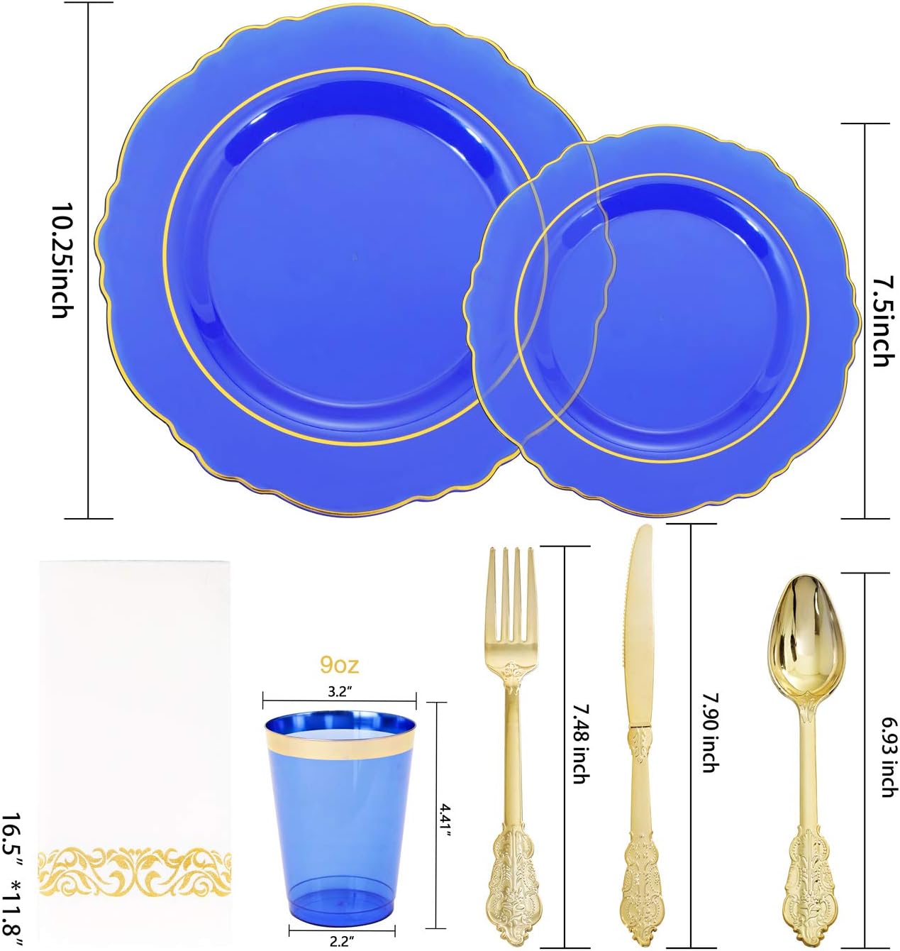 KIRE 210Pcs Blue Plastic Plates with Gold Rim& Disposable Plastic Silverware &Blue Cups&Hand Napkin- Baroque Clear Dinnerware for Parties/Wedding