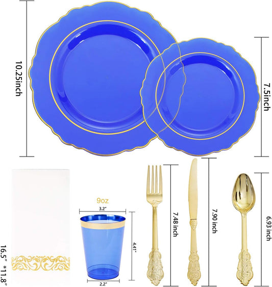 KIRE 210Pcs Blue Plastic Plates with Gold Rim& Disposable Plastic Silverware &Blue Cups&Hand Napkin- Baroque Clear Dinnerware for Parties/Wedding