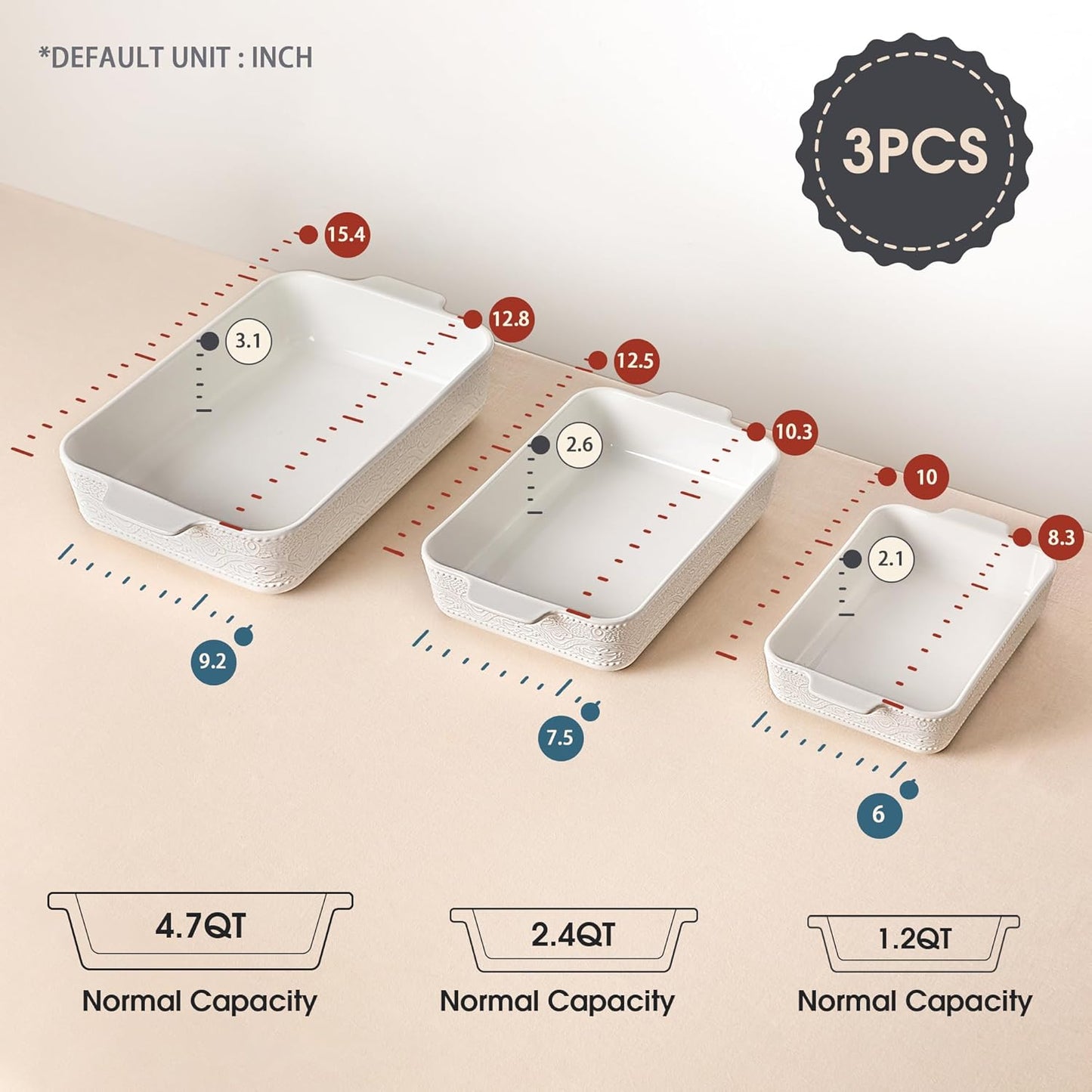 Ceramic Baking Dish Set of 3, Casserole Dishes for Oven, Ideal for Baking, Stewing, Roasting, and Holiday Feasts. The Gift for Mother's Day, Thanksgiving, Christmas, or Housewarming(Bright White)