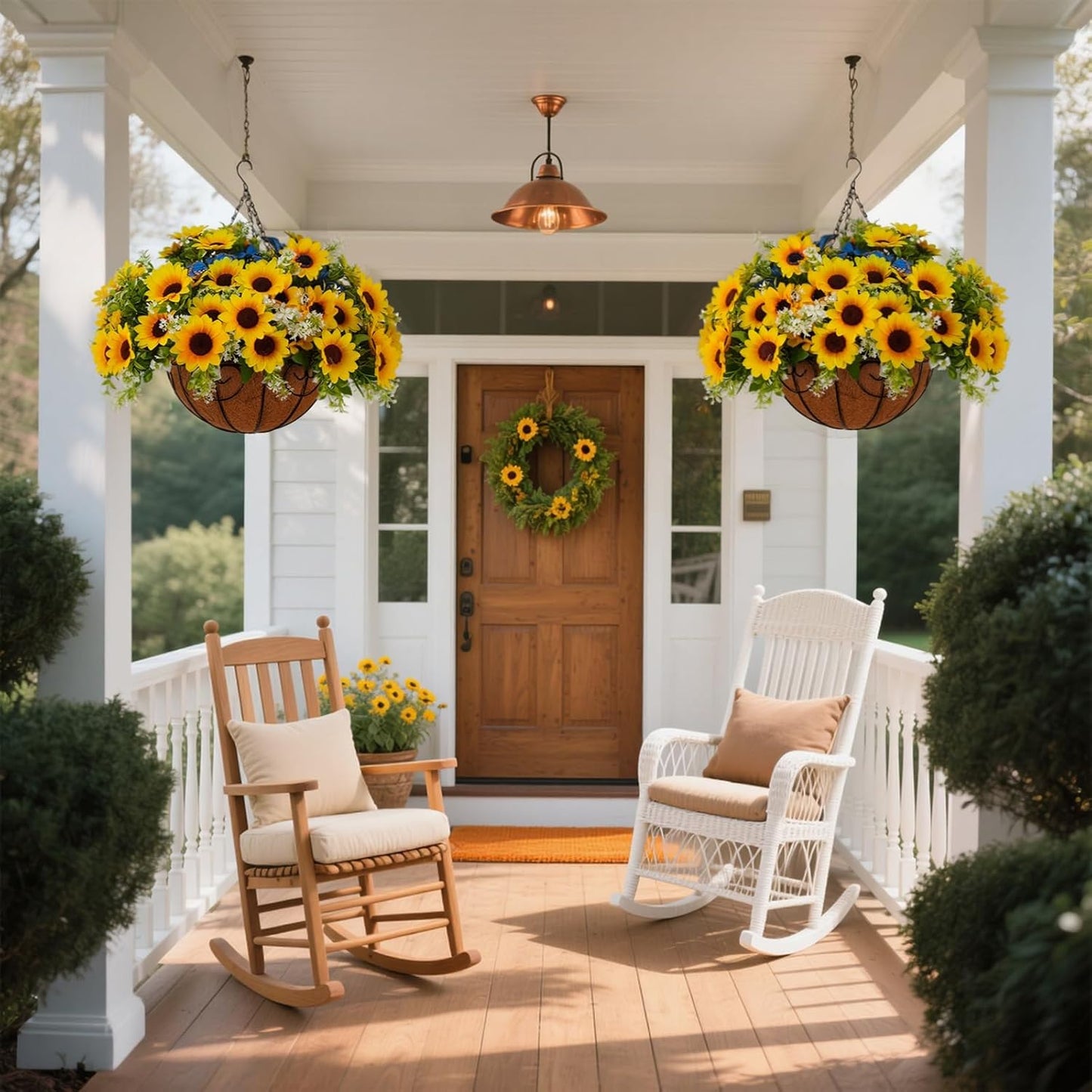 2 Pack Artificial Fake Fall Sunflower Plants Flowers for Outdoor Outside Decoration,12 Bundles Faux Silk Sunflowers UV Resistant Look Real No Fade for Front Door Porch Patio Yard Balcony Autumn Decor