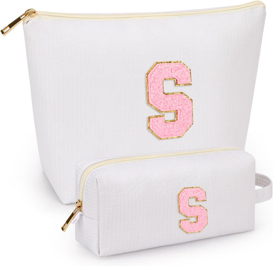 2 PCS Initial Makeup Bags for Women: Cosmetic Bag for Travel Toiletry - Birthday Gifts for 11 12 13 14 15 16 17 18 Years Old Girl Graduation Teacher Gift- Teen Girl Gifts Trendy Stuff - White S