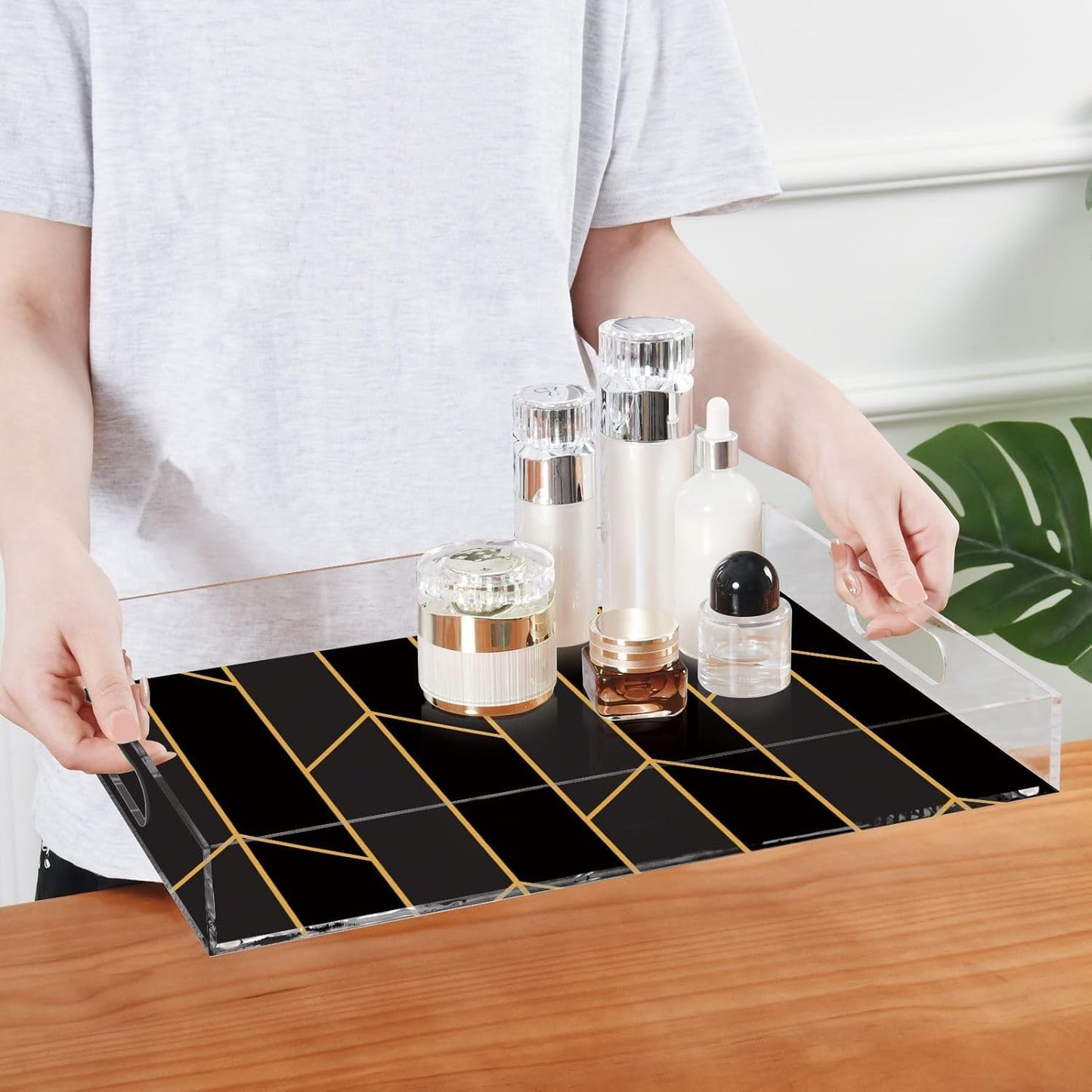 Acrylic Serving Tray with Handles Spill Proof Kitchen Storage Tray Clear Decorative Tray Makeup Drawer Organizer Storage Tray for Bathroom Living Room Ottoman 15.7x11.8Inches