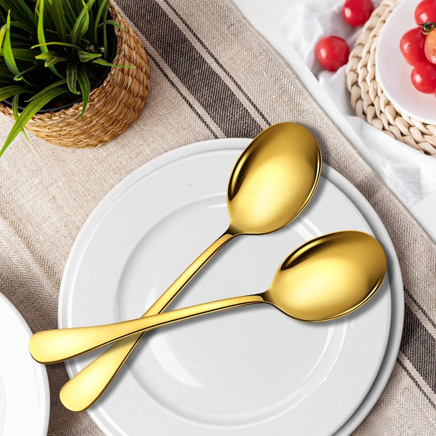 Stainless Steel Serving Spoons Set, 8pc, 10-Inch, Includes 8 Large Spoons, for Parties/Kitchen/Buffet/Catering, Dishwasher Safe, Gold