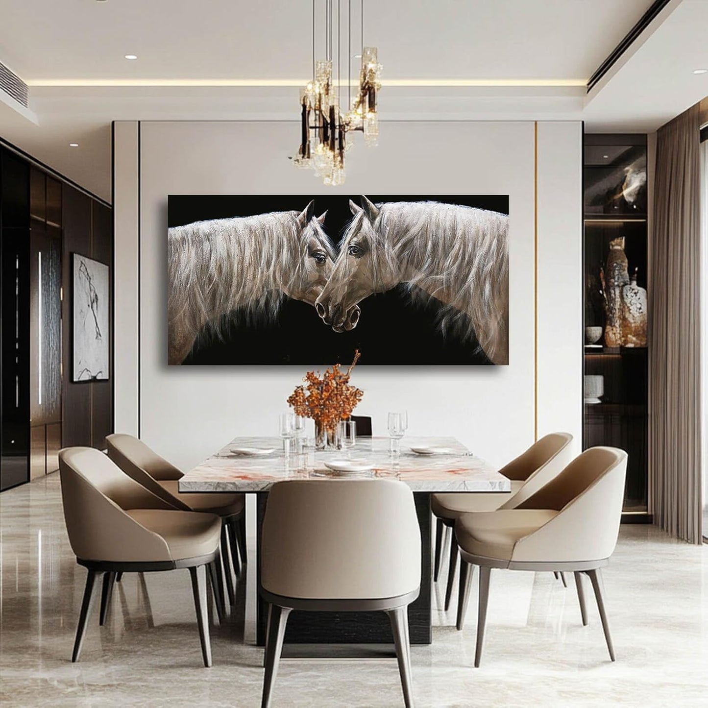 White Wall Art for Living Room Horse Wall Decor Animal Pictures for Wall Poster Prints Office Artwork Decorations 29"x58"