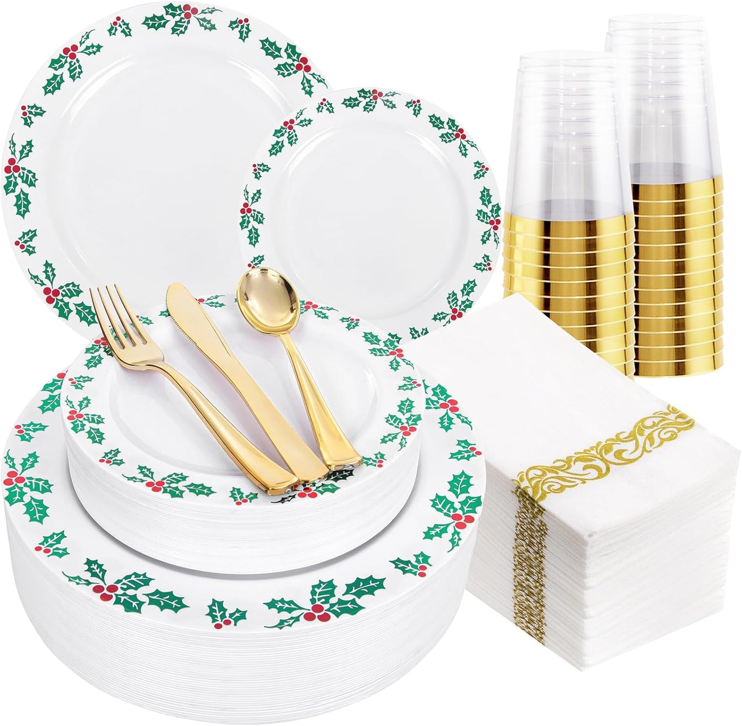 FLOWERCAT 175 PCS Christmas Plates set & Holly Berry Plates - Christmas plates disposable Include 50 Christmas Plastic Plates,25 forks, 25 knives, 25 spoons, 25 napkins Ideal for Xmas Party