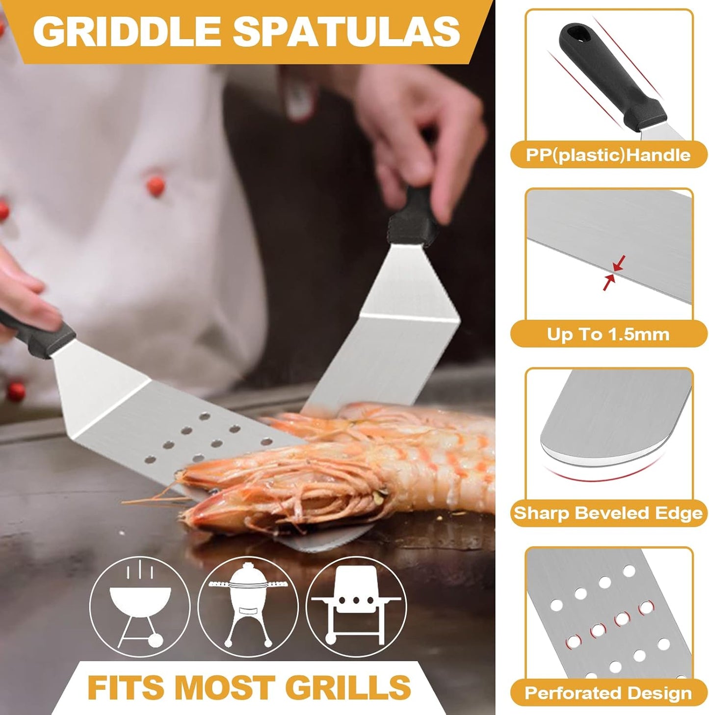 HaSteeL Griddle Accessories Kit of 5, Heavy Duty Metal Spatula, Professional Stainless Steel Flat Top Griddle Tools Set, Pancake Flipper/Griddle Scraper/Hamburger Turner for BBQ Grilling Cast Iron