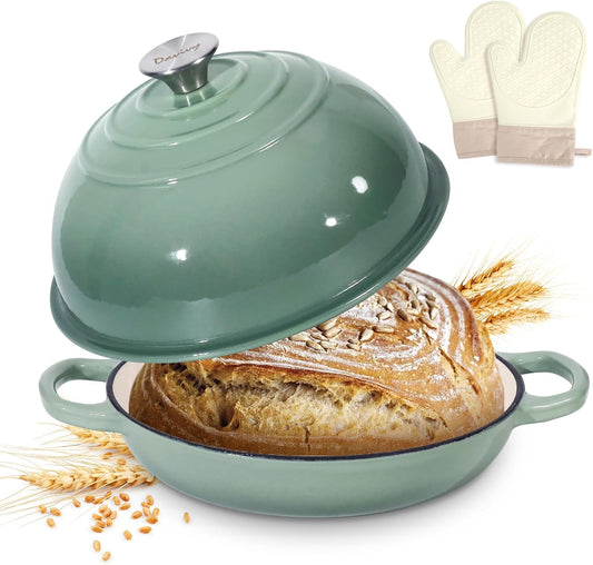 Davivy 5.5QT Sourdough Dutch Oven with Lid, 10" Round Cast Iron Bread Pan with Lid, Enameled Bread Baking Cloche, Dutch Oven for Sourdough Bread Baking, with Silicone Oven Mitts - Sea Salt Green