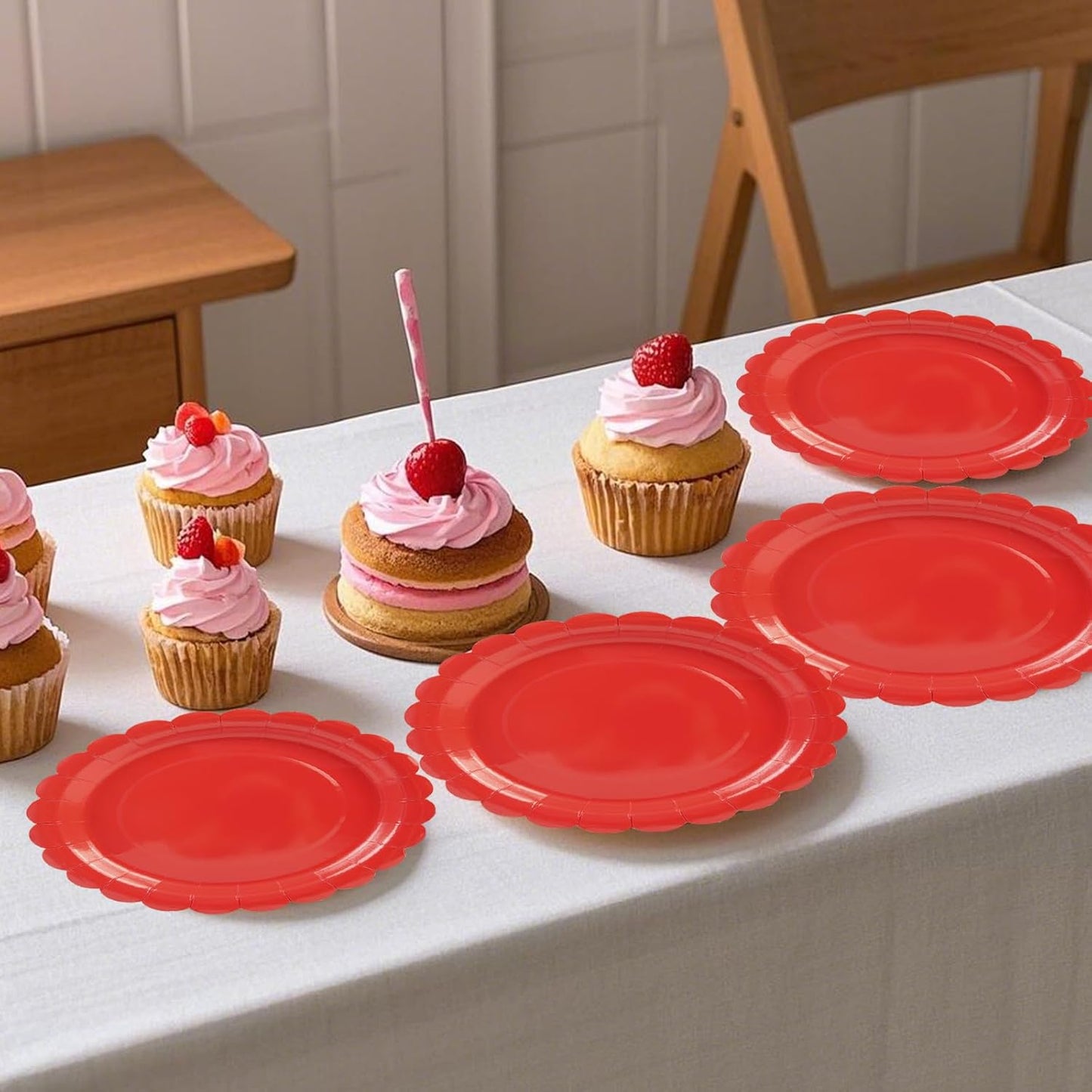 50Pcs Red Paper Plates-7 Inch Red Christmas Scalloped Plates Disposable Dessert Birthday Dinnerware Party Supplies for Wedding Baby Shower Birthday Party Table Decor