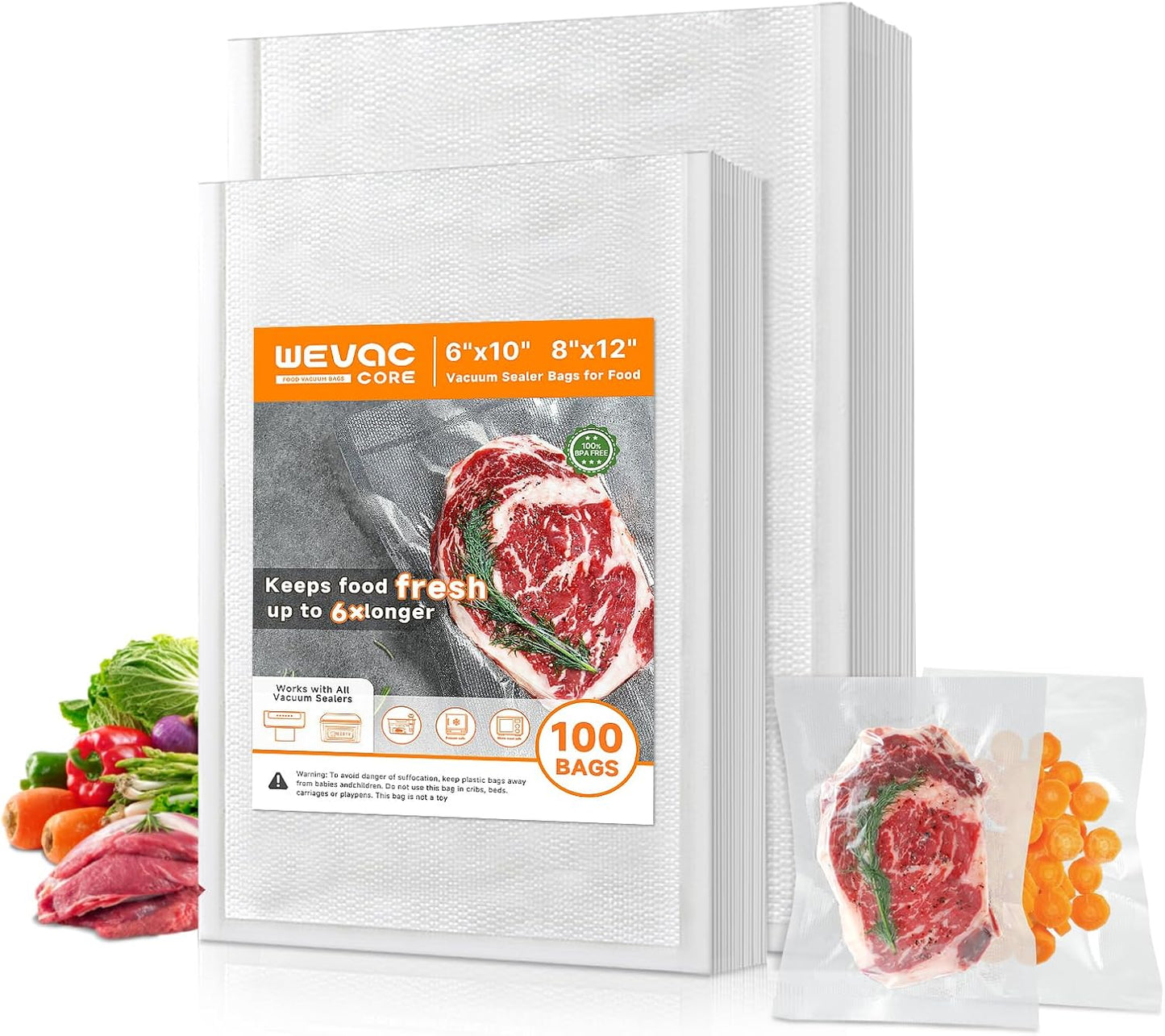 Wevac Vacuum Sealer Bags – 100 Count (6″×10″ & 8″×12″), Heavy-Duty BPA-Free Food Storage Bags, Puncture-Resistant, Freezer & Sous Vide Safe, Compatible with All Vacuum Sealers