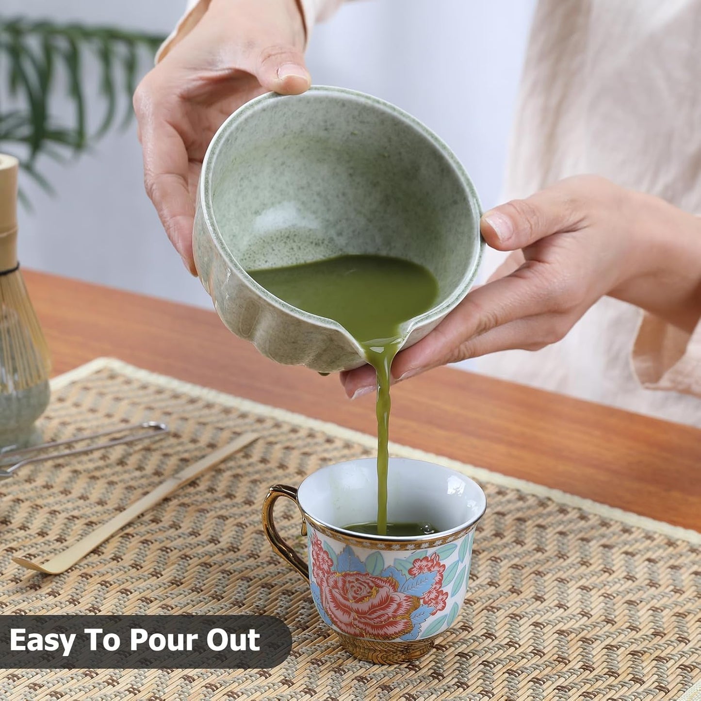 Matcha Whisk Set, 5 Pcs Matcha Set includes Matcha Whisk and Bowl with Spout, Stainless Sifter, Bamboo spoon, Ceramic Holder, 17 oz Mottled Green Glaze Ceramic Matcha Kit for Tea Lovers