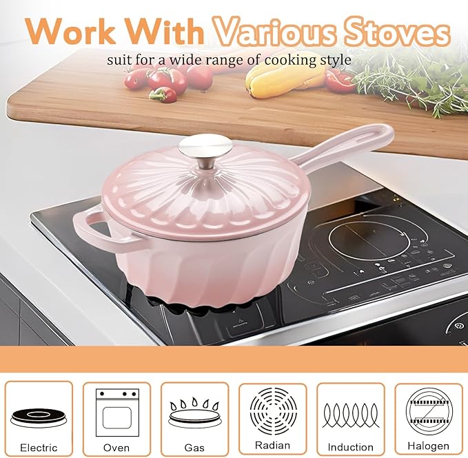 Enameled Cast Iron Sauce Pan, 2 Quart Enameled Saucepan with Lid, Mini Dutch Oven Enamel Saucepan for Cooking Pasta Sauce, Gravy, Puddings, Marinate, Boiling (Gradient Pink)