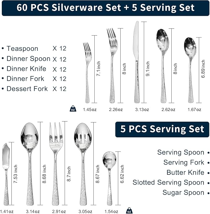 KINGSTONE Hammered Silverware Set, Flatware Set with Serving Utensils, 18/10 Stainless Steel Premium Cutlery with Unique Ripple Handles Design Mirror Polished - Dishwasher Safe (65-Piece)