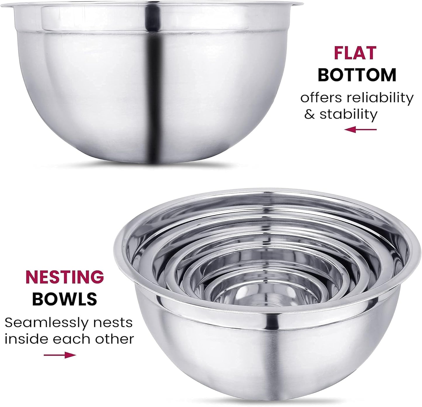 Vinod Cookware Stainless Steel Mixing Bowls with Lids - Heavy Duty Flat Bottom Stackable Mixing Bowl Set - Bowls for Meal Prep, Cooking, Mixing & Serve - Space Saving & Easy Clean - Set of 5