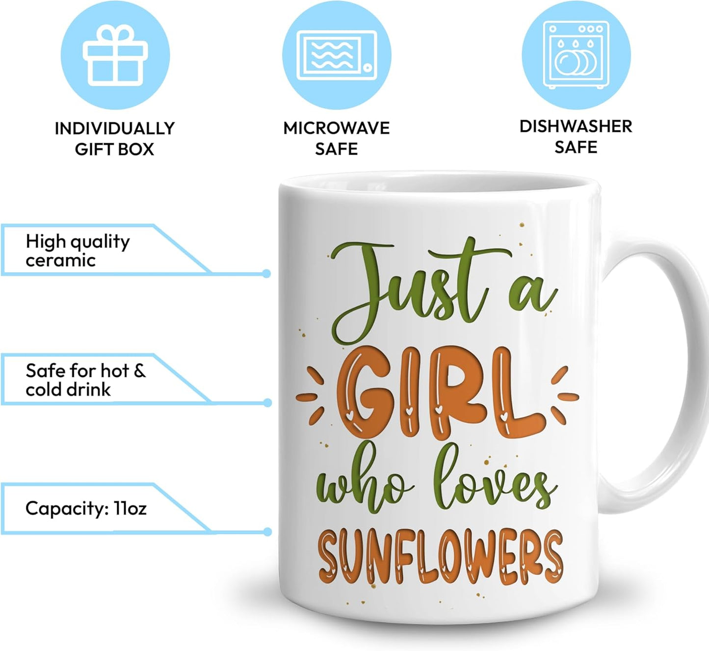 Hyturtle Personalized Gifts Sunflower Lover - Just A Girl Who Loves Sunflowers Custom Name Ceramic Coffee Mug Cup 11oz - Perfect Idea Gifts For Women, Girl Daughter On Birthday, Christmas