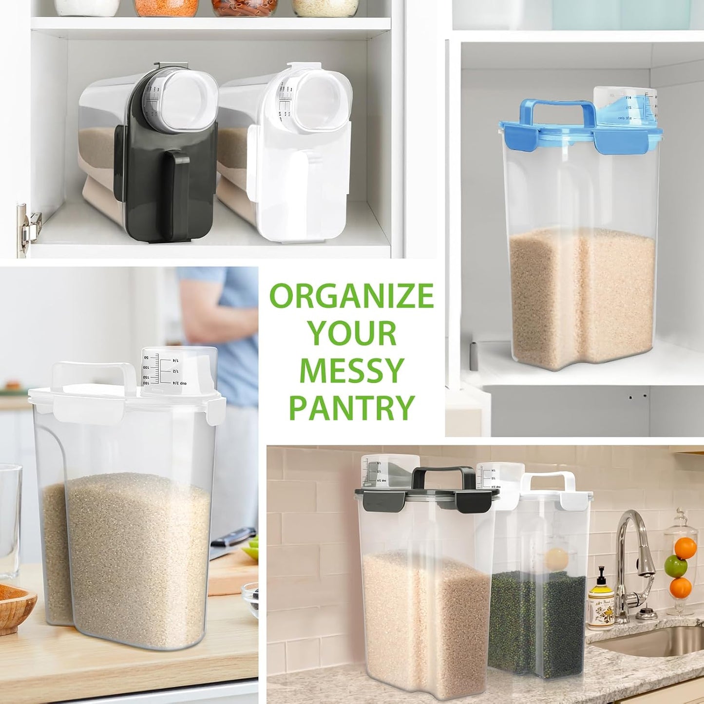 Rice Storage Container, 5 to 10lb Dry Food Airtight Dispenser, Pet Dog Cat Food Canister, BPA Free Clear Plastic Kitchen and Pantry Bin for Oatmeal, Cereal, Pasta, Flour Pack of 2 Blue