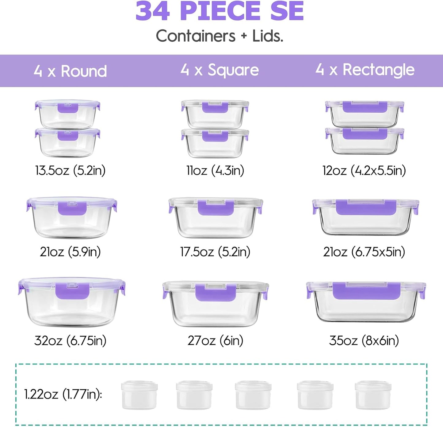 34pcs Glass Food Storage Containers with Lids Set, Airtight Glass Meal Prep Containers (17 Containers & 17 Lids), Leak Proof Lunch Container BPA-Free, Microwave, Oven, Freezer, Dishwasher Safe-Purple