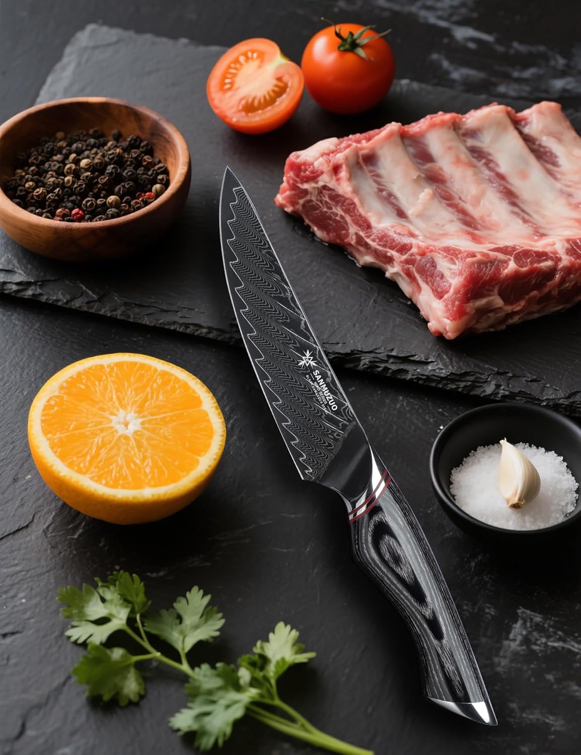 5 Inch Utility Knife - Fruit and Vegetable Knives, Black Damascus Steel with Ergonomic Handle - MIAO Series