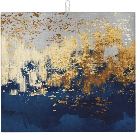 Navy Blue Gold Abstract Art Dish Drying Mat for Kitchen Counter, Absorbent Microfiber Drying Pad for Dishes, Washable Foldable Modern Kitchen Mat for Dining Area & Home Decor, 16" x 18" Blue Gold