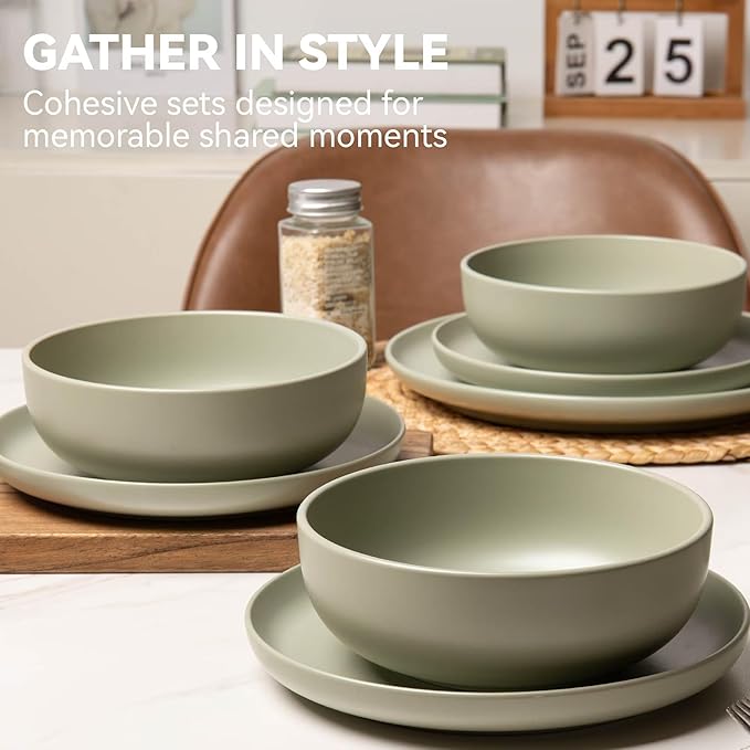12-Piece Matte Green Dinnerware Set,Stoneware Dinnerware for 3, Microwave & Dishwasher Safe, Stackable Design for Kitchen and Dining - Plates,Bowls and Mugs