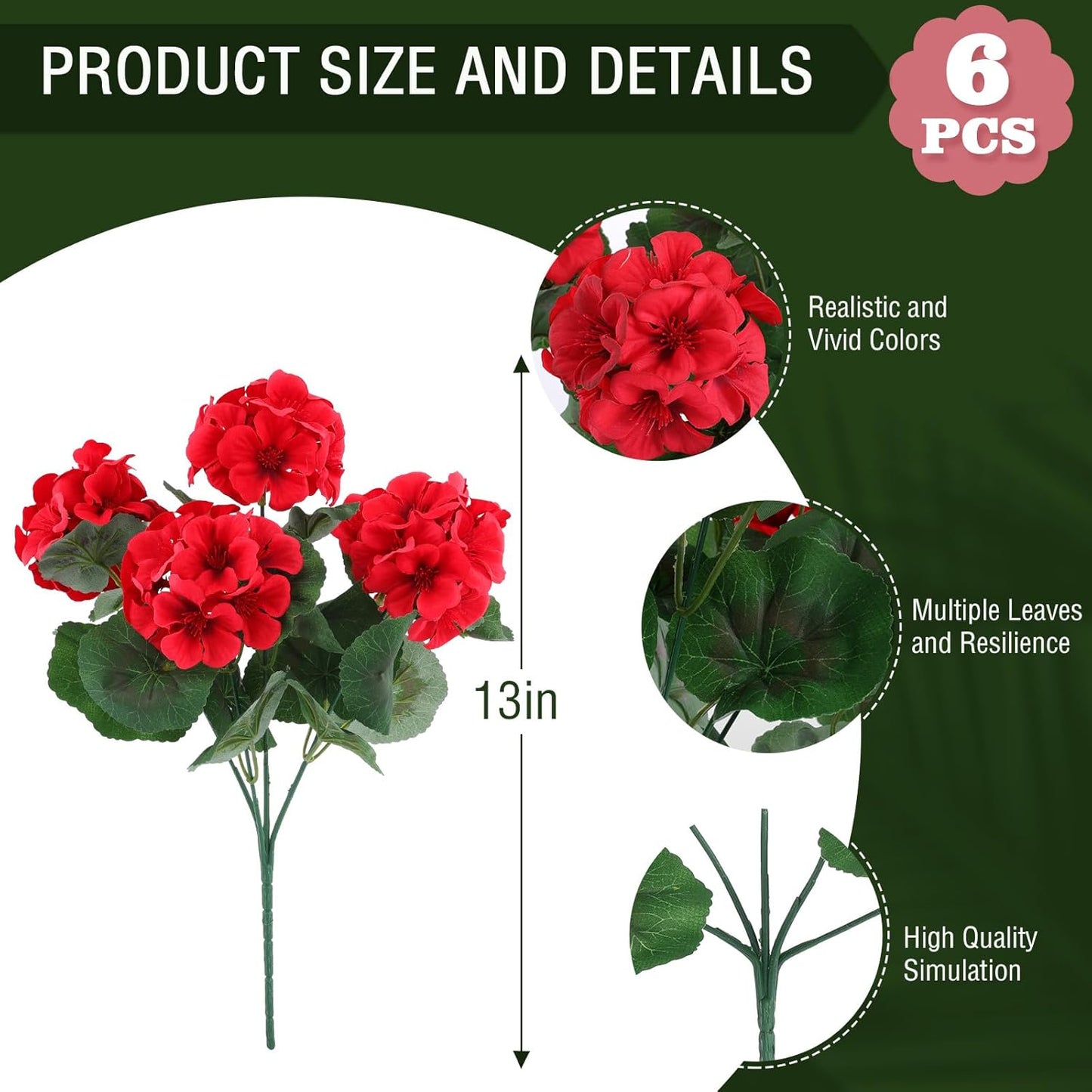 Hananona 6 Pcs Artificial Geranium Flowers for Outdoors Geranium Silk Red Flower Outdoor UV Resistant Garden Plants Faux Flowers for Christmas Home Kitchen Table Centerpieces Decor (6, Red)