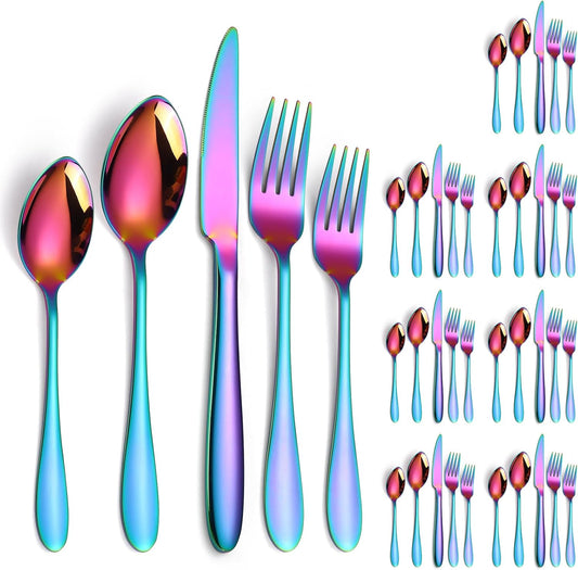 Iridescent Silverware Set Rainbow Flatware Service for 8 Stainless Steel Cutlery 40 Pieces Heavy Forks and Spoons Knives for Wedding Parties Resturant Everyday Use