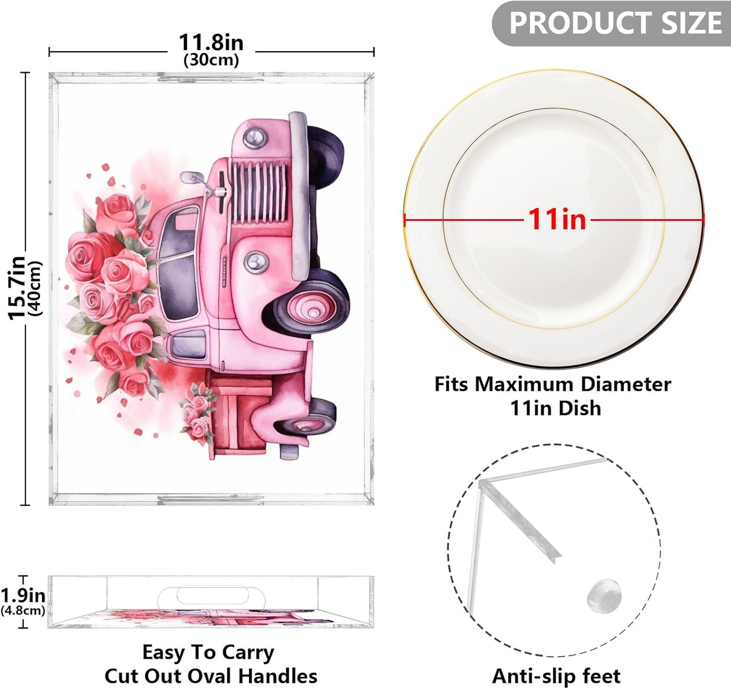 Plastic Food Serving Tray Decorative Vanity Trays for Bathroom Valentine's Day Car Coffee Table Kitchen Counter 11.8 * 15.7in