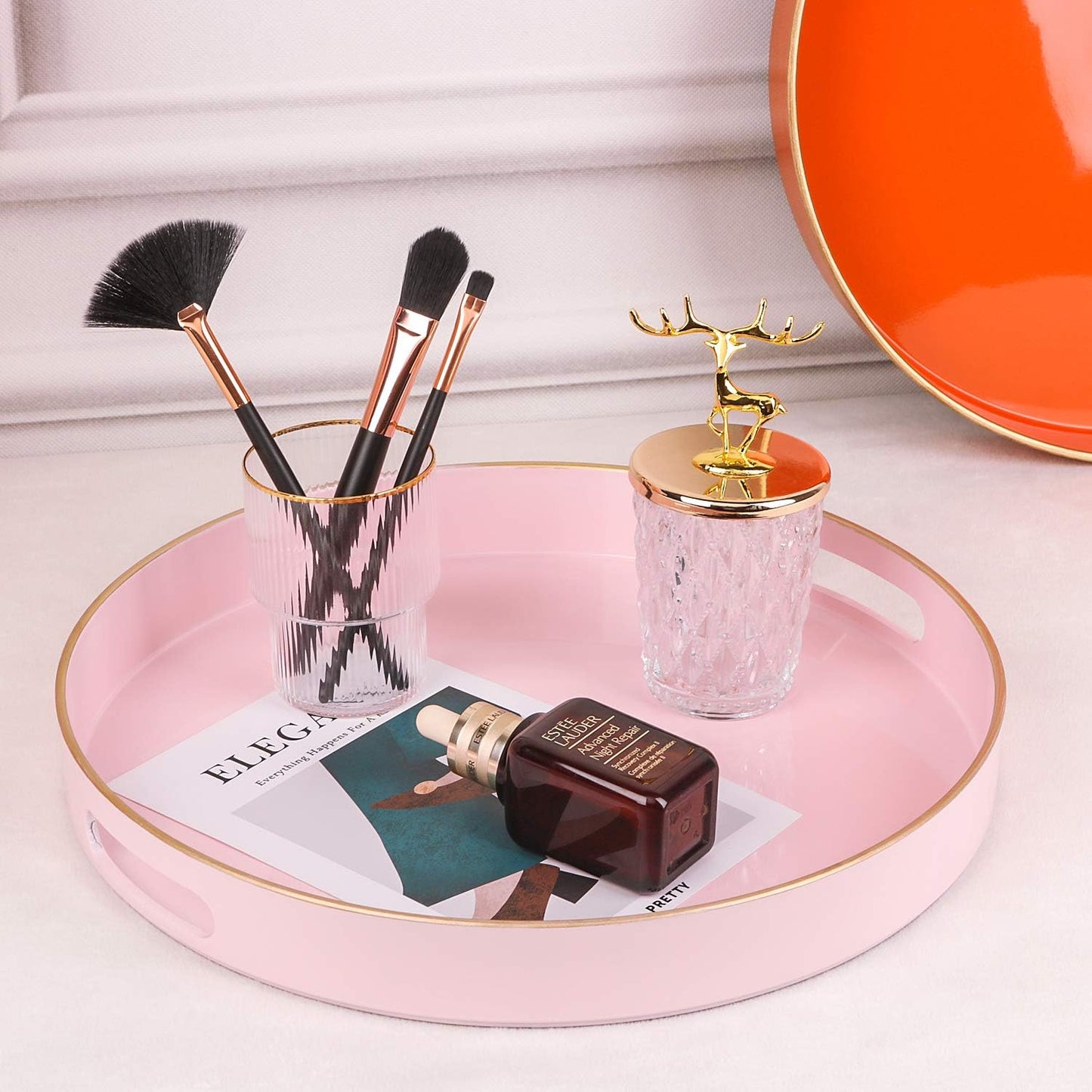 Zosenley Decorative Round Plastic Tray With Handles, Modern Vanity Serving Tray for Ottoman, Coffee Table, Kitchen and Bathroom - Size 13' Pink