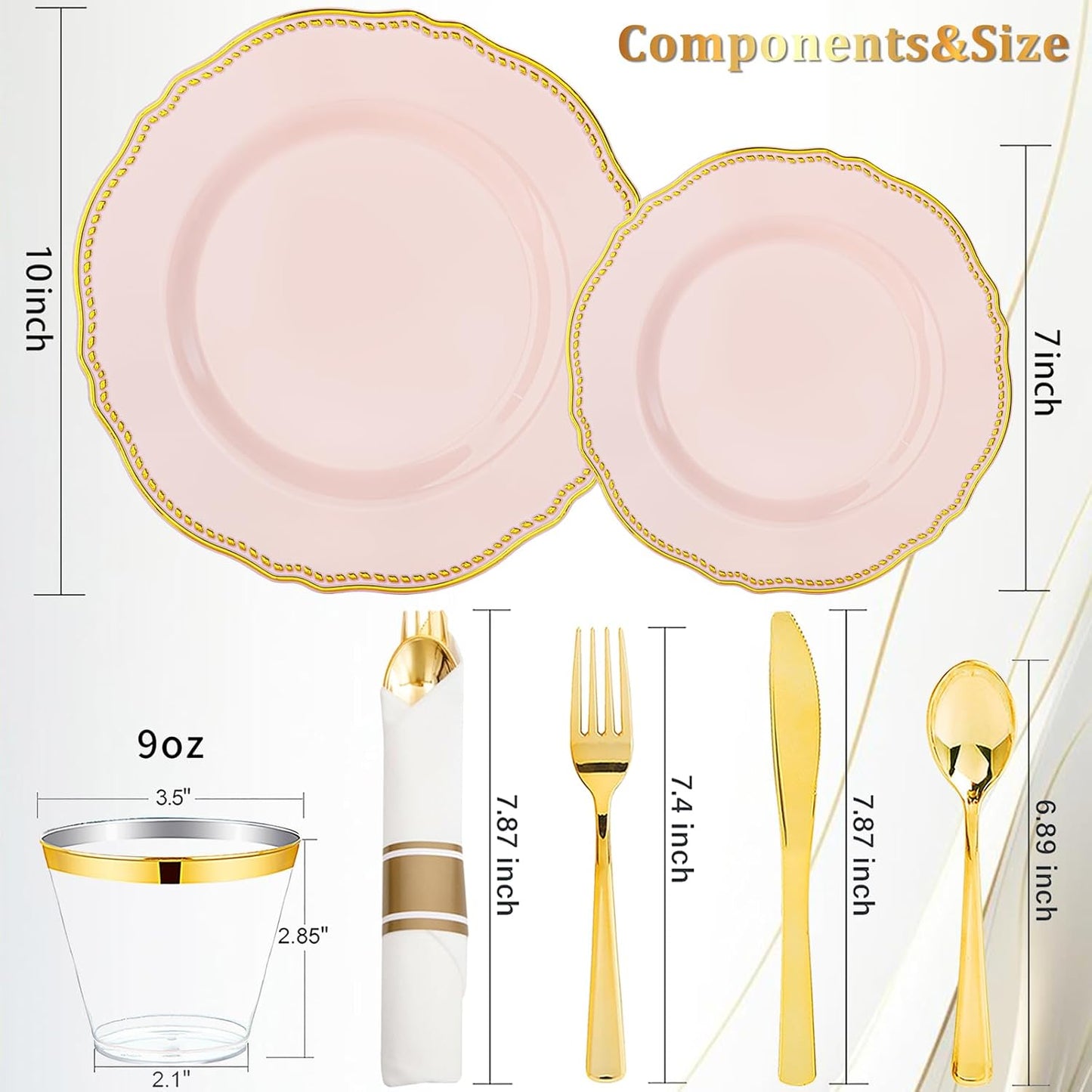 Hioasis 175pcs Pink and Gold Plastic Plates - Pink Plastic Dinnerware Set Includes 25 Dinner Plates, 25 Dessert Dinnerware, 25 Cups, 25 Napkins Perfect for Wedding & Party