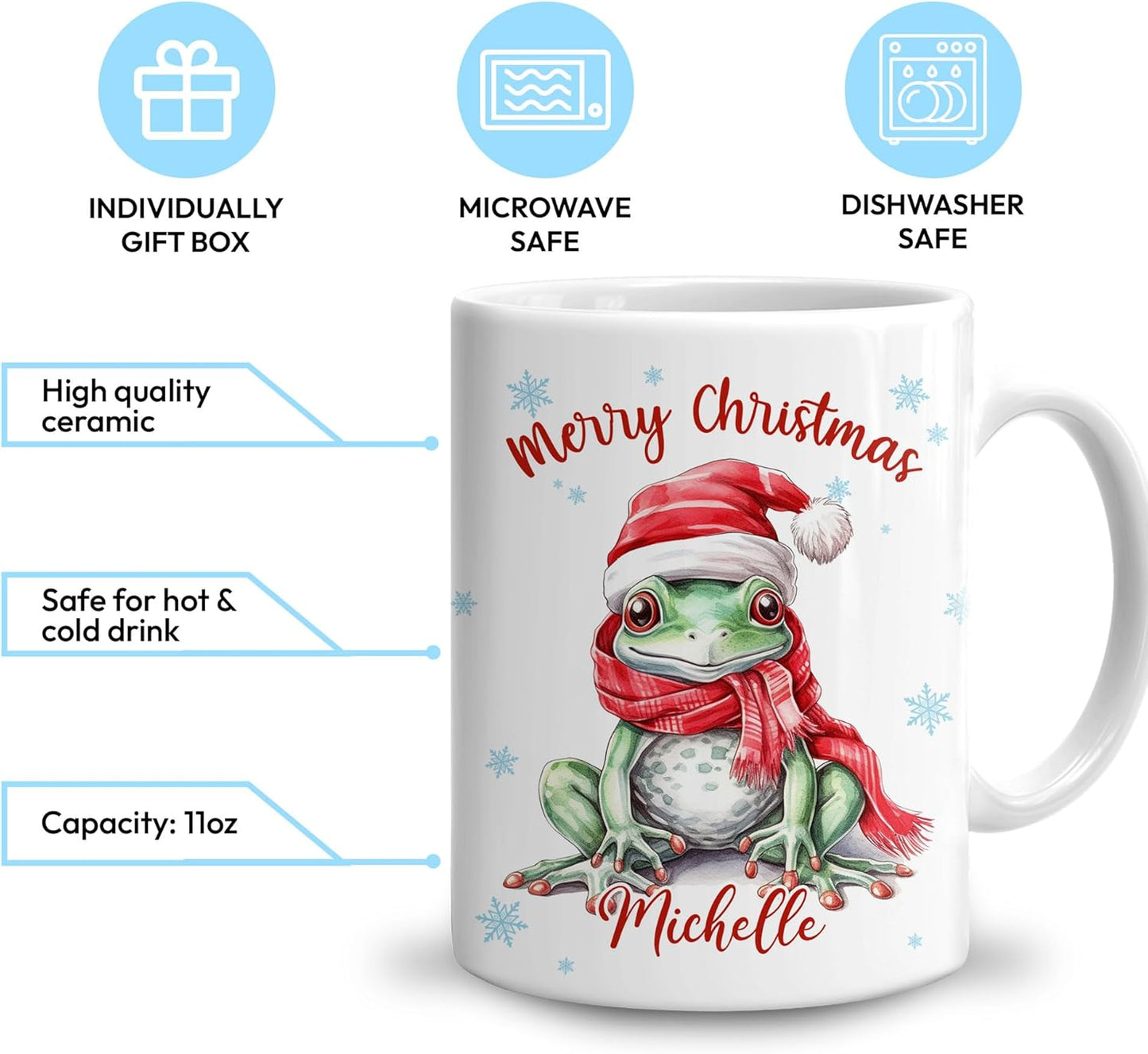 Hyturtle Personalized Gifts Frog Lover - Frog Wearing Santa Hat Custom Name Ceramic Coffee Mug Cup 11oz - Cute Animal Lovers Gifts For Women, Girl kids Family On Birthday, Christmas