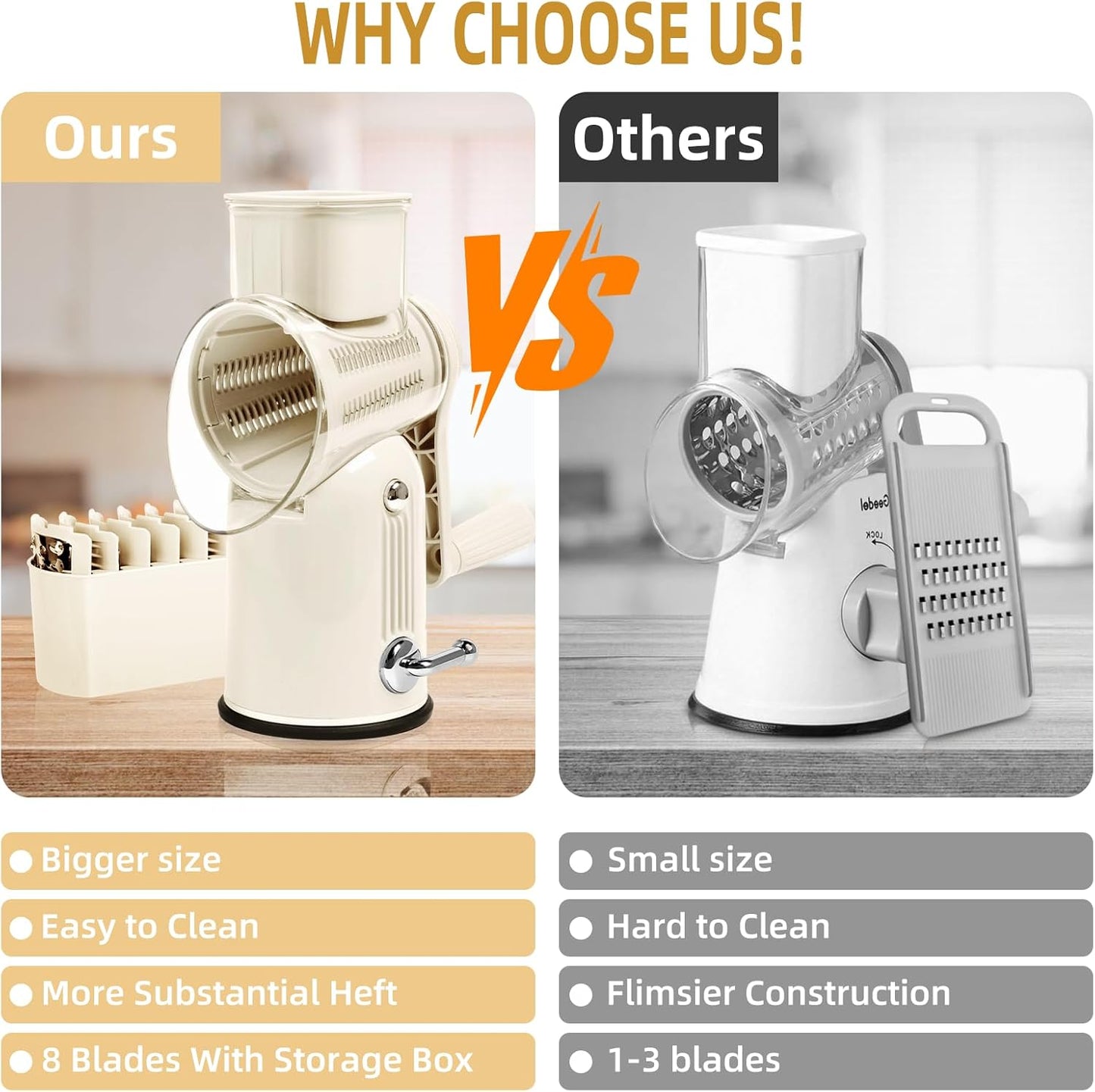 Rotary Cheese Grater with Handle, Vegetable Shredder with 5 Replaceable Blades & Strong Suction Base, Round Food Slicer & Chopper for Kitchen Fruit Vegetables Nuts with Blade Storage Box (White)