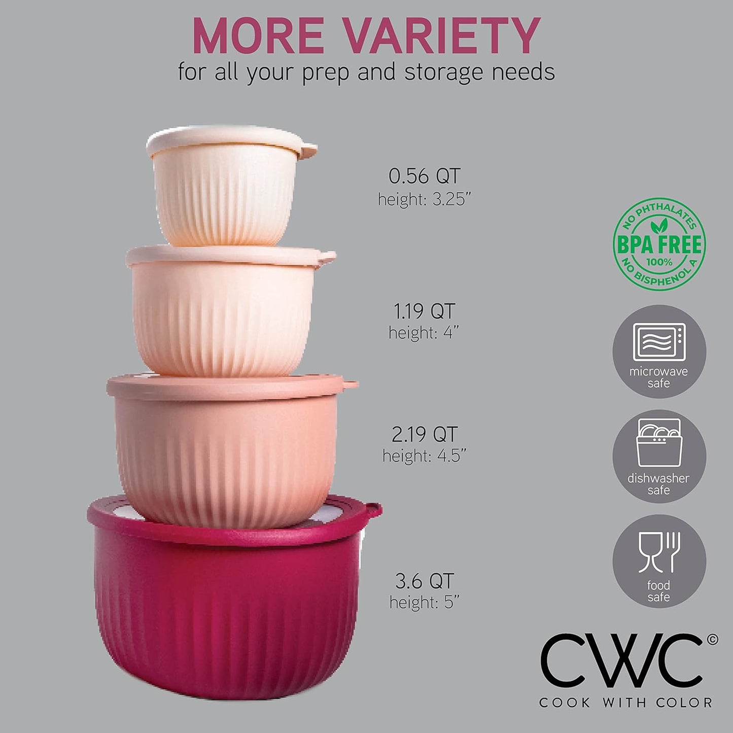 COOK WITH COLOR Prep Bowls with Lids- Wide and Deep Nesting Plastic Small Mixing Bowl Set with Lids, 8 Piece Set - Deep Bowls, Rose