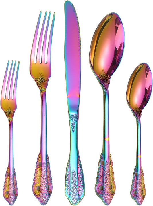 Rainbow Royal Silverware Set for 8 Stainless Steel Flatware 40 Pieces with Unique Antique Floral Design Colorful Heavy Durable Kitchen Daily Use Festival Parties