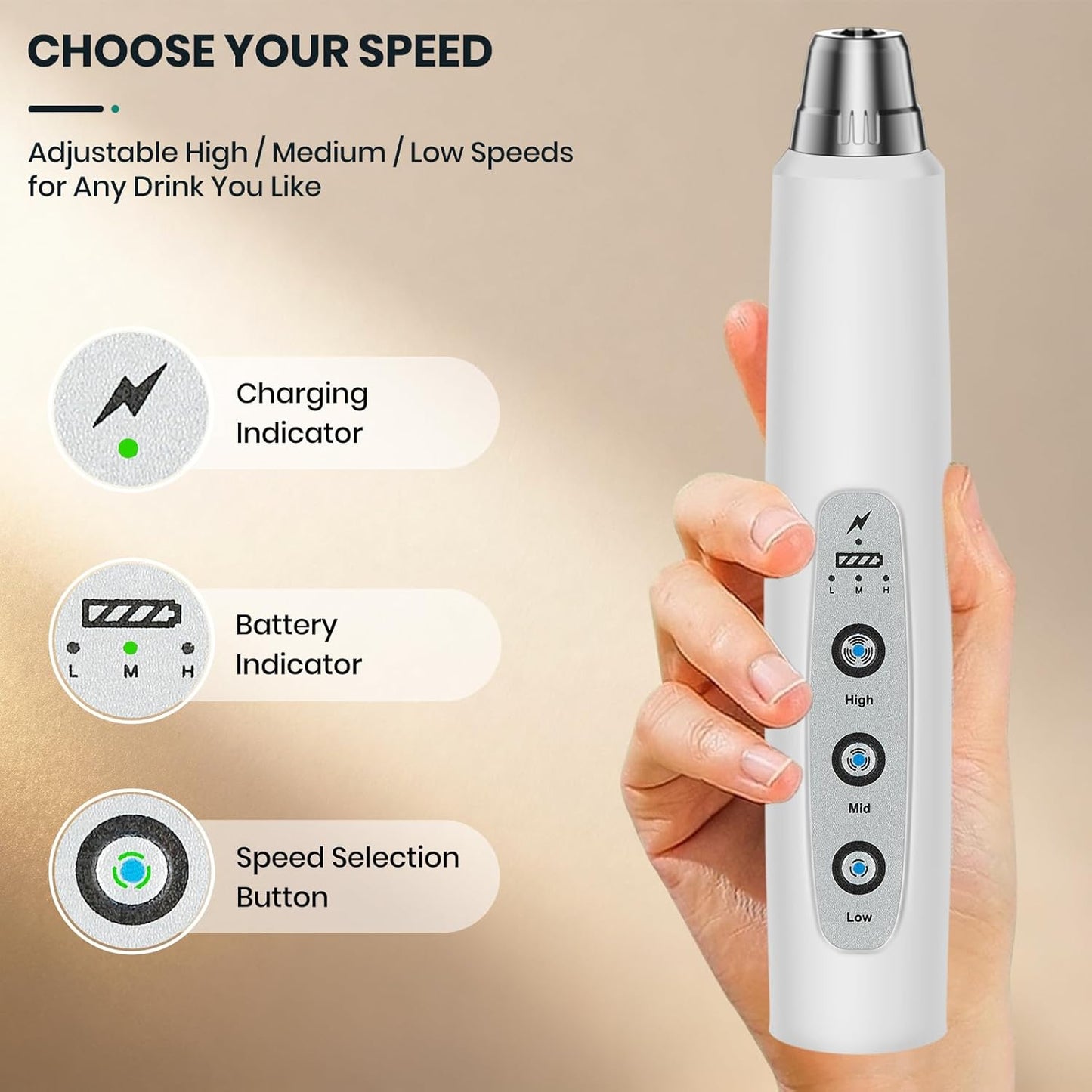 Milk Frother Handheld Rechargeable, Frother Wand Drink Mixer Electric Whisk for Coffee, Detachable With 3 Stainless Whisks, Hand Mixer for Lattes, Cappuccino, Matcha, Egg, No Stand, White