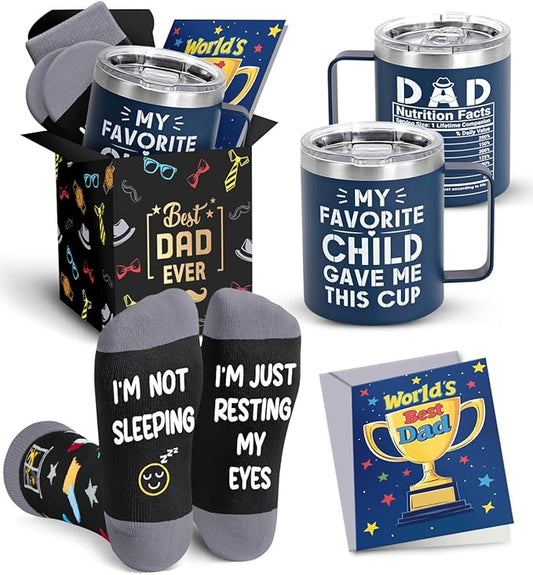 Gift Box For Dad - Unique Father Gifts With Funny Tumblers, Socks & Greeting Card, Present For Dad From Son Daughter Kids