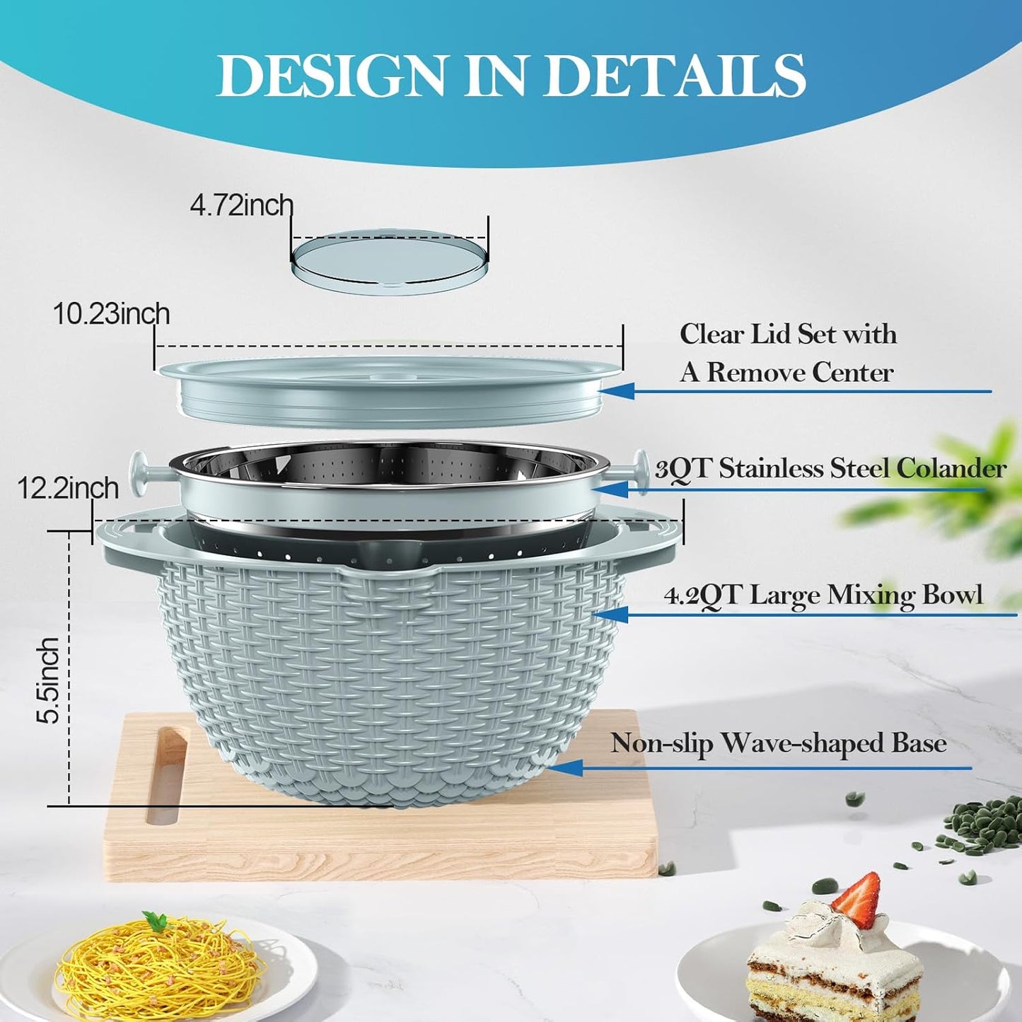 4 in 1 Colander with Mixing Bowl Set, Colander for Kitchen, Strainers and Colanders, Pasta Strainer, Fruit Cleaner, Veggie Wash, Aesthetic Kitchen Essentials - Blue