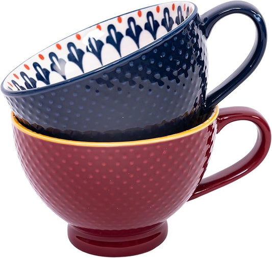 Topadorn Ceramic Coffee Mugs with Handle Set of 2, Hand-Painted Floral Pattern Ceramic Soup Mugs for Salad, Cappuccino, Cereal, Latte, Tea, Cocoa, Breakfast Oatmeal Cups(Blue & Red)