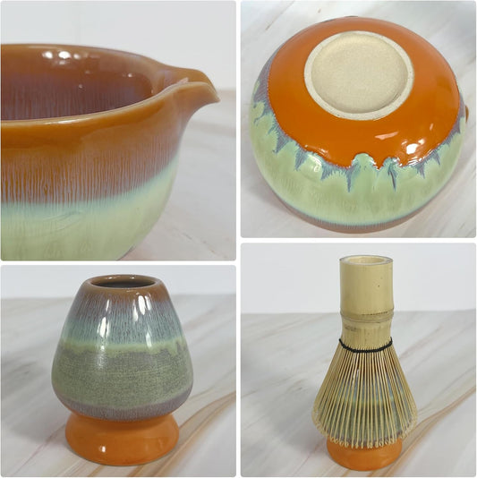 Matcha Whisk Set 6 pc Kit - Traditional Japanese Chasen, Bamboo Whisk Holder, Ceramic Bowl with Spout, Sifter & 2 pc Spoons - matcha kit set, Gift for Matcha Tea Lovers (Gradient Orange)