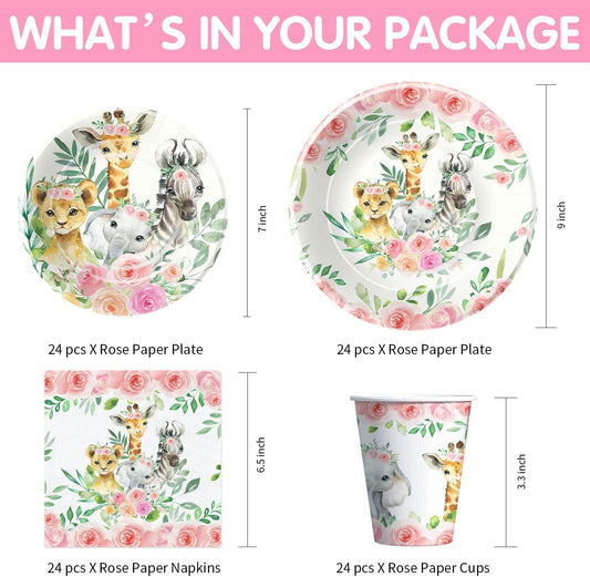Safari Birthday Decorations Tableware Girl, Jungle Theme Party Supplies, Plate, Cup, Napkin, Tablecloth, Cutlery, Straw, Safari Jungle Animal Birthday Baby Shower Party Decorations | Serve 24