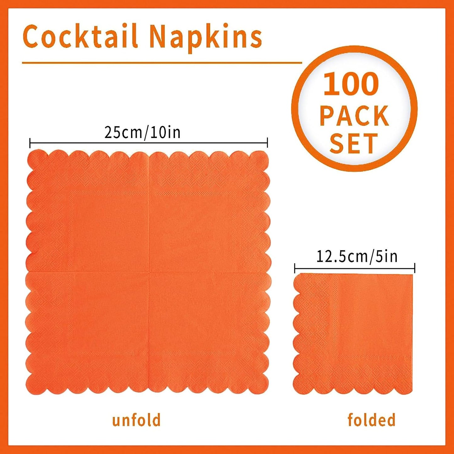 100 Pack Cocktail Napkin 2-Ply Scalloped Edged Dessert Napkins Folded 5 x 5 Inches Disposable Napkins for Dinner Wedding Birthday Party Bridal Anniversary Reception Event (Orange)