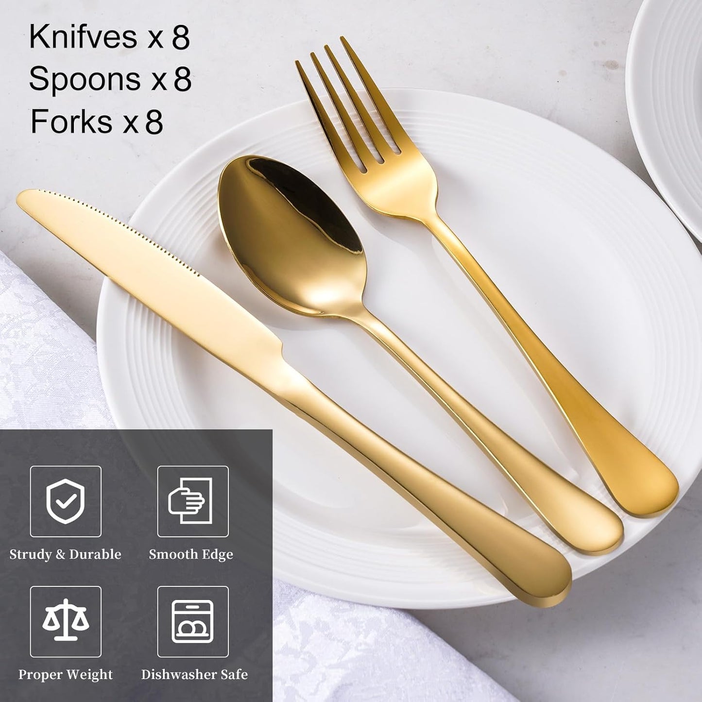24-Piece Gold Silverware Set for 8 - Stainless Steel Flatware Cutlery Set, Mirror Polished Gold Flatware Set Include Forks Spoons Knives for Home Wedding Restaurant, Dishwasher Safe, 24 PCS